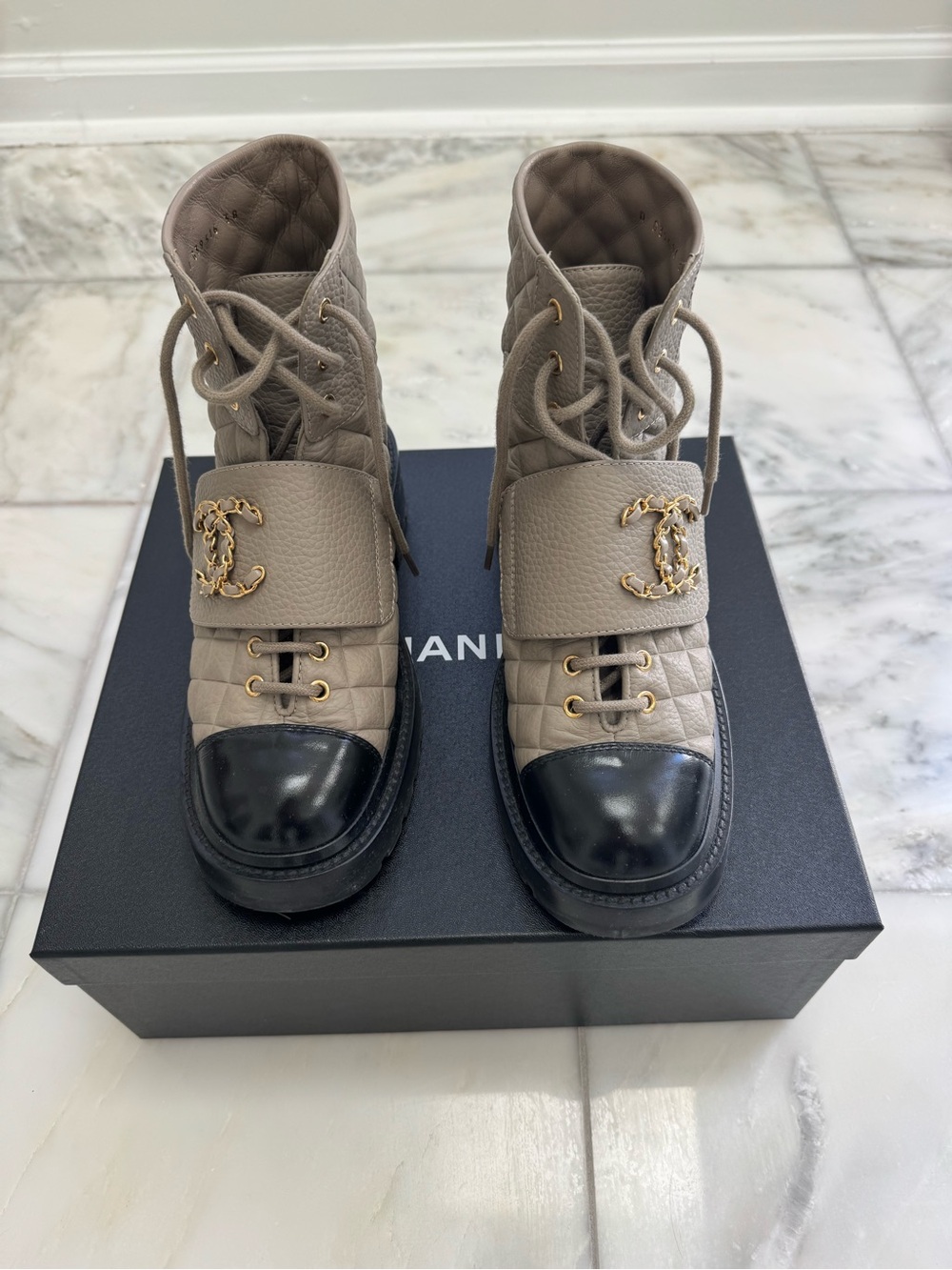 Authentic CHANEL Taupe Quilted Leather Lace-Up Ankle Boots with Black Cap Toe 38